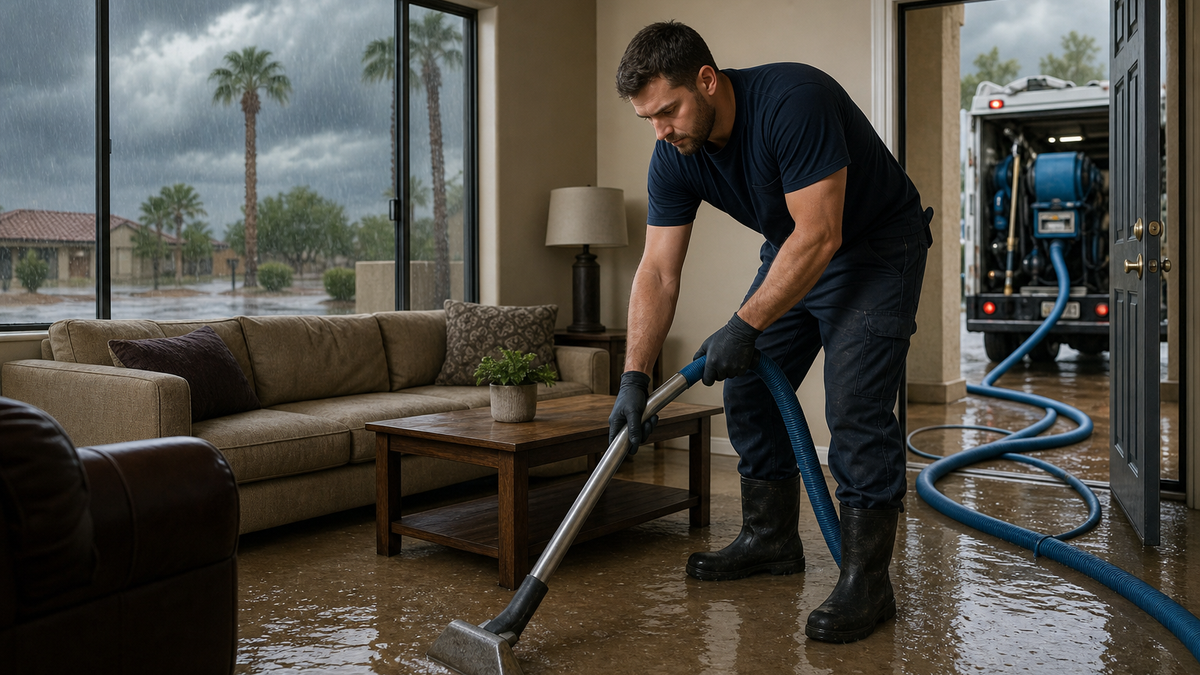 Monsoon Flood Cleanup Steps for Tucson Homes Technician extracting flood water from a Tucson home after a monsoon storm