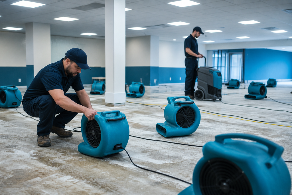 Commercial Water Damage and Mold Remediation in Tucson AZ Commercial restoration team drying a flooded Tucson office with air movers and dehumidifiers