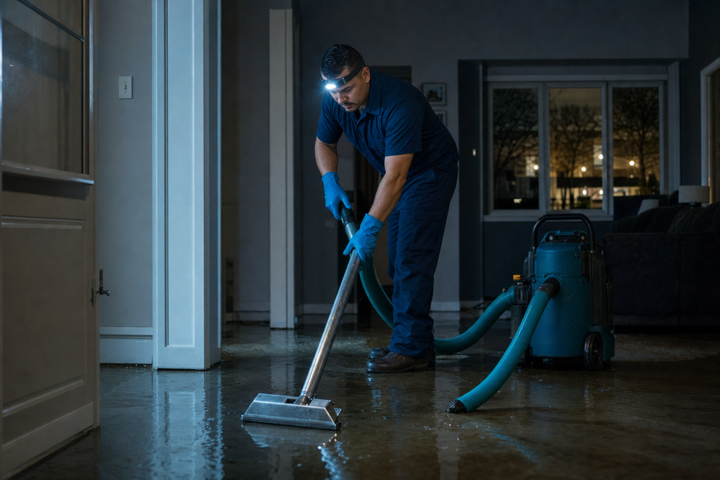 Emergency Water Damage Restoration in Tucson AZ β 24/7 Response Emergency water damage restoration crew extracting flood water in a Tucson home at night