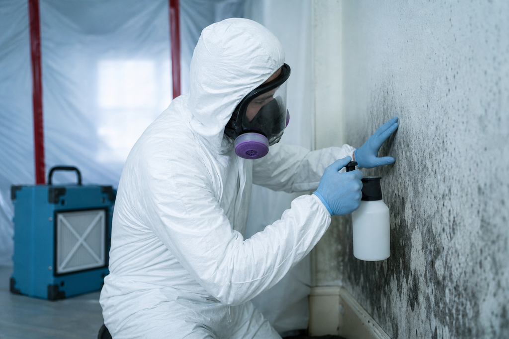 Residential Mold Removal and Water Damage Restoration in Tucson AZ Technician performing residential mold remediation and water damage repair in a Tucson home